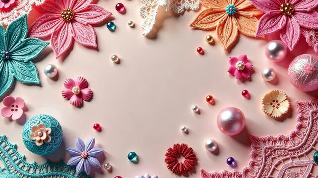 A white table with a pink and blue button and a white button. There are also some beads and pearls on the table