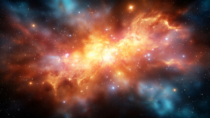 Fototapeta premium vibrant cosmic scene featuring nebula with bright orange and yellow hues, surrounded by stars and deep space elements, creating sense of wonder and vastness