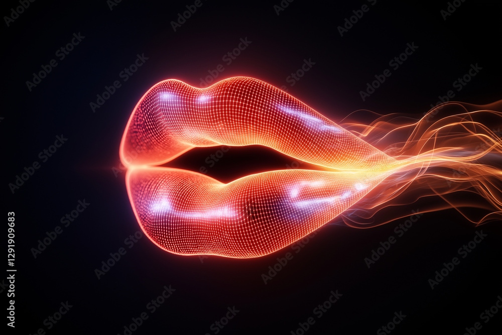 Aufkleber glowing red neon lips with digital mesh effect on dark background, creating vibrant and dynamic visu