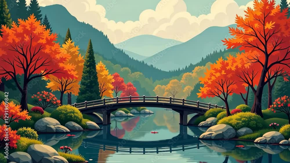 Poster a bridge spans a river in a forest. the bridge is surrounded by trees and rocks. the water is calm a