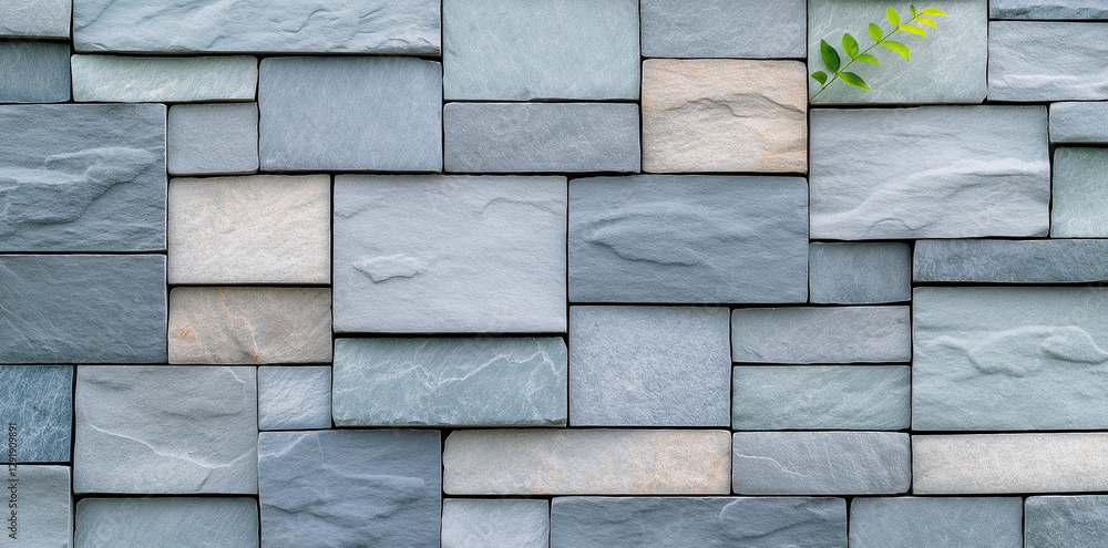 Poster seamless pattern of grey stone wall texture with varying shades and touch of greenery. this design a