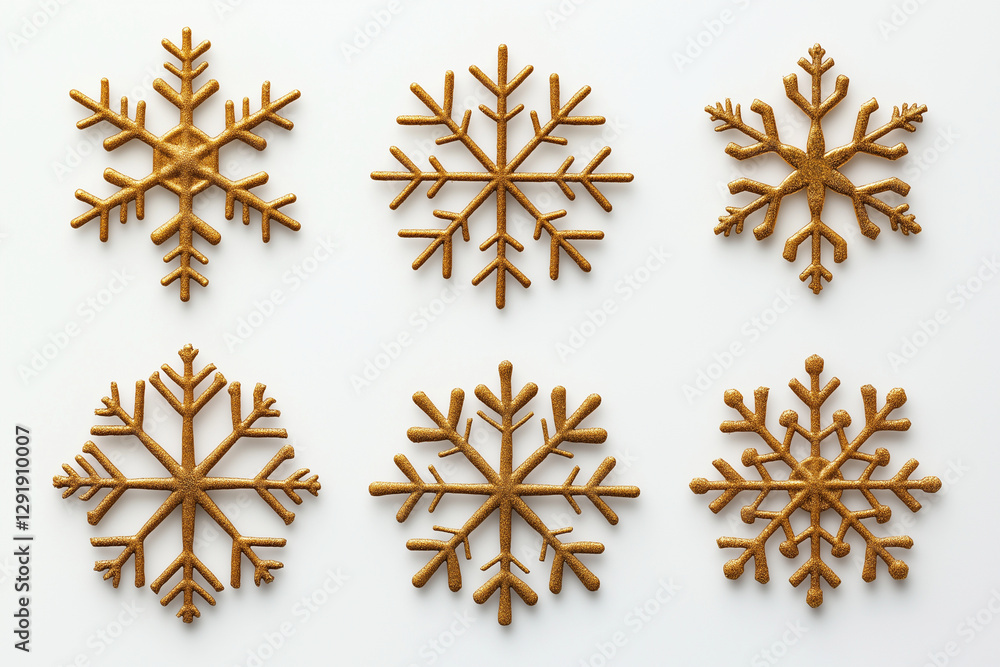 Poster golden snowflakes arranged on white background create festive and elegant display. these intricate d