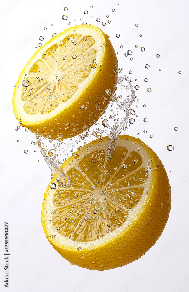 Poster sliced lemon halves with water droplets splashing around them create refreshing and vibrant scene. b