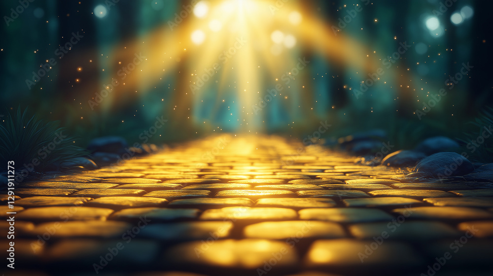 Poster magical pathway illuminated by soft light, surrounded by trees and sparkling particles, creates ench
