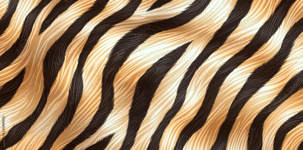 Poster seamless zebra skin pattern with flowing black and golden stripes, creating dynamic and elegant text