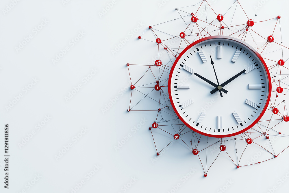 Poster modern clock surrounded by network of red connections, symbolizing time and connectivity. design fea