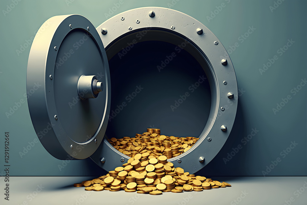 Poster a large safe stands open, spilling out a cascade of shiny gold coins onto a smooth surface, symboliz