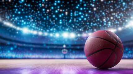 Obraz premium basketball rests on polished court, illuminated by vibrant indoor lighting, creating energetic atmosphere. blurred background showcases lively arena filled with spectators
