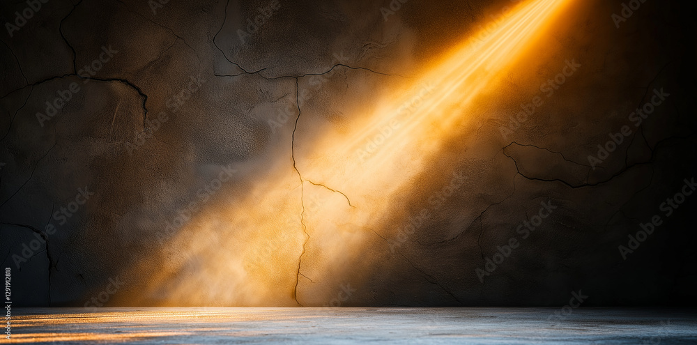 Poster beam of light shines on textured wall, creating dramatic atmosphere. warm glow highlights cracks and