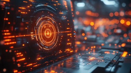 Obraz premium Futuristic HUD display in a spaceship cockpit with glowing orange interface