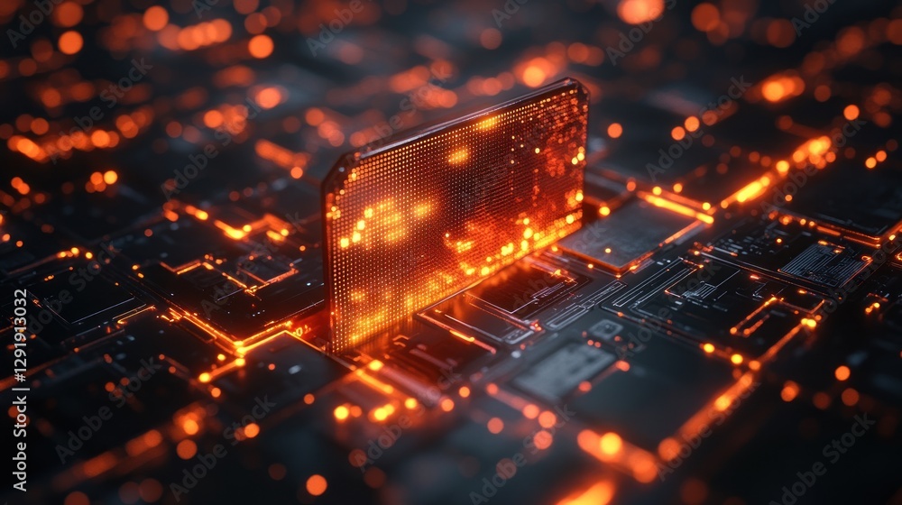 Aufkleber glowing chip inserted in circuit board, futuristic tech background, data processing