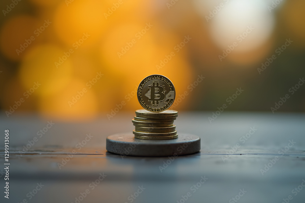 Poster gold coins are stacked with a bitcoin on top against a backdrop of warm bokeh lights creating a sens