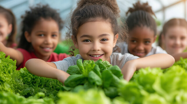 joyful girl smiles while working with fresh lettuce in greenhouse, surrounded by friends. scene captures teamwork and joy of gardening