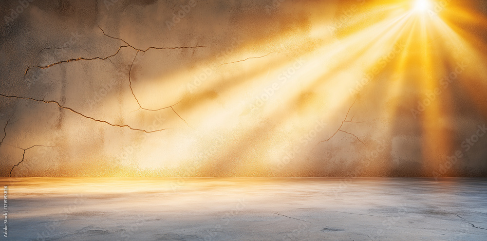 Poster ray of light shines on cracked wall, illuminating textured surface and creating warm atmosphere. int