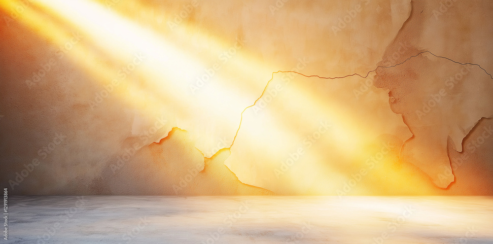Poster ray of light shines on cracked wall, creating warm and inviting atmosphere. interplay of light and t