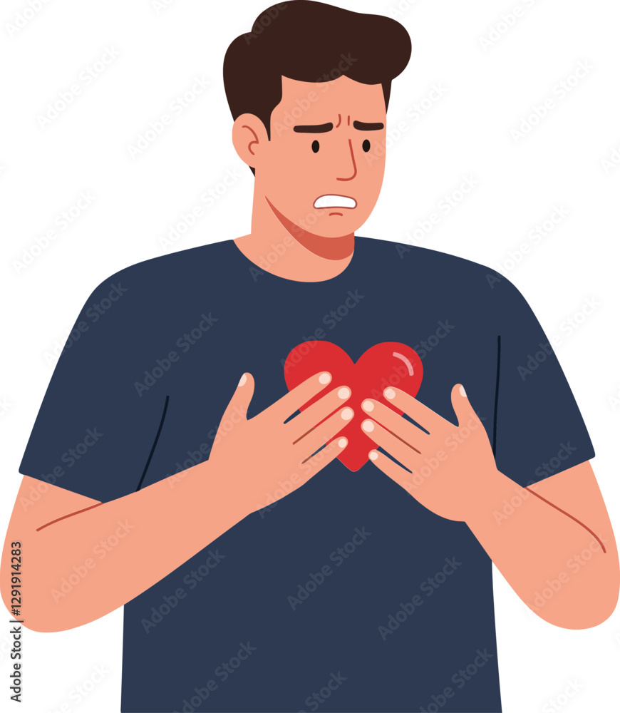 Aufkleber a man holding a red heart in his hands with a concerned expression in a flat vector illustration dep