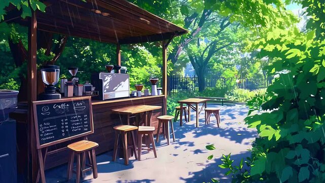Rainy Day Coffee Shop in a Park. Seamless looping time lapse animation video background, lo-fi art