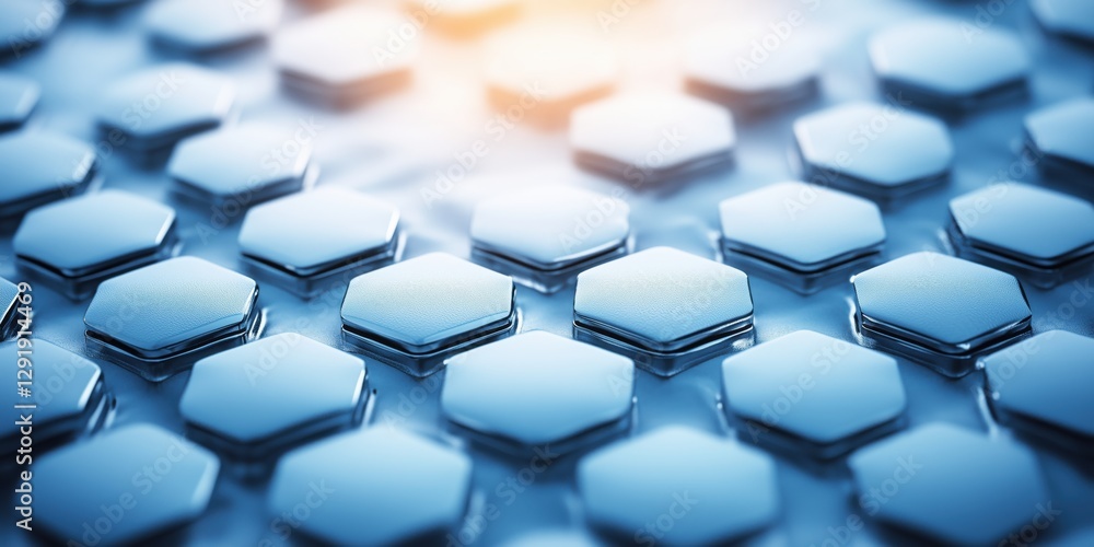 Poster hexagonal pattern of shiny metal tiles reflects light in artistic design, creating a modern aestheti