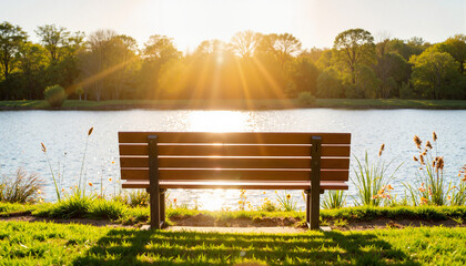Obraz premium Tranquil park bench by serene pond at sunset, peaceful reflection