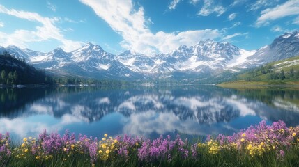 Serene alpine lake reflecting snow-capped peaks, wildflowers border