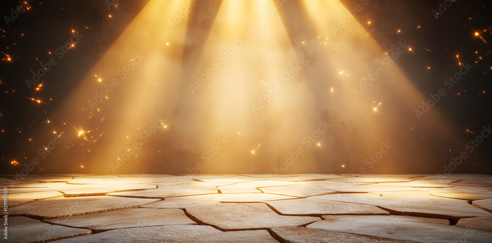 Poster warm, illuminated space with rays of light shining down on textured floor, creating dramatic atmosph