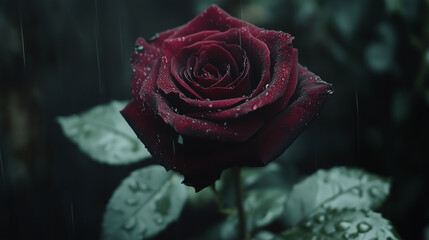 Red rose flower close-up. Beautiful Dark red rose with drops of water on the petals, close-up. A symbol of love