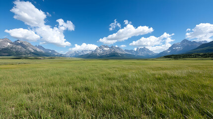 Fototapeta premium Mountain meadow landscape, sunny day, clouds