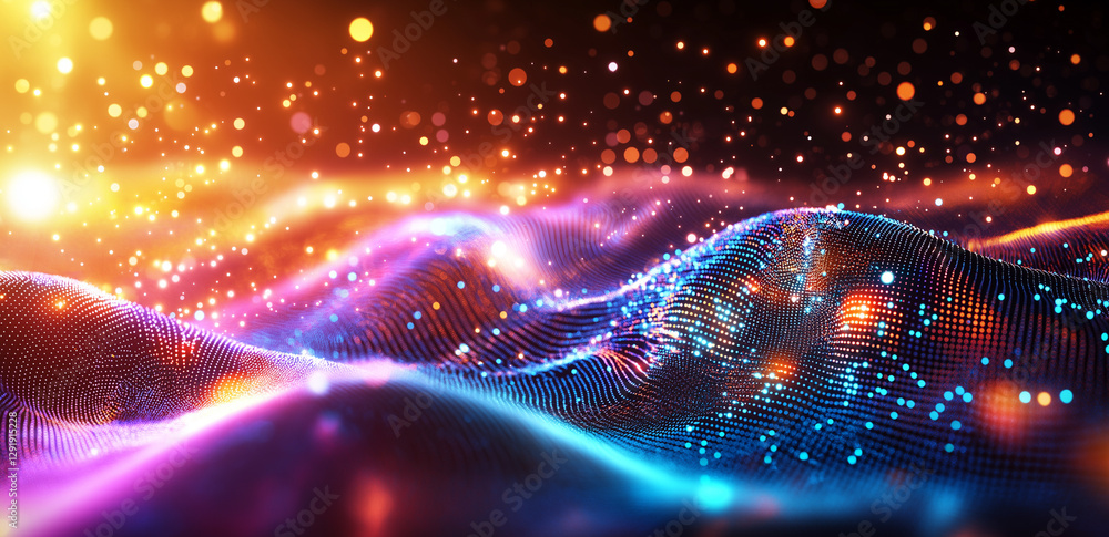 Poster colorful glowing dots create abstract background with vibrant waves, evoking sense of depth and move