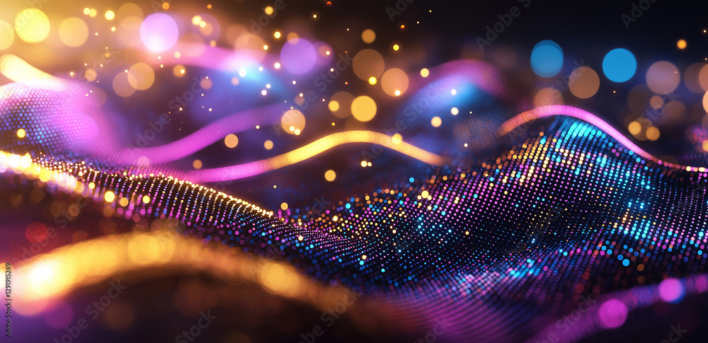 Poster colorful glowing dots create abstract background with vibrant waves, evoking sense of energy and mov