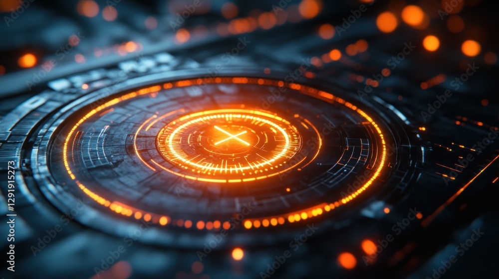 Poster futuristic interface glowing x cancels program, circuit board background