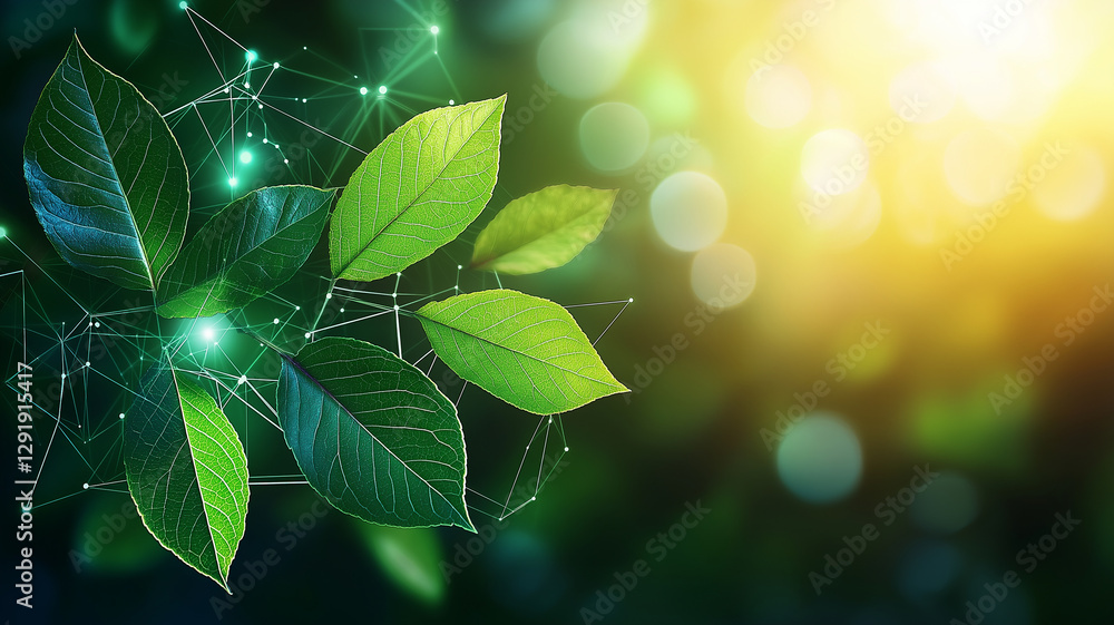 Poster lush green leaves with geometric patterns and soft bokeh background create vibrant, natural atmosphe