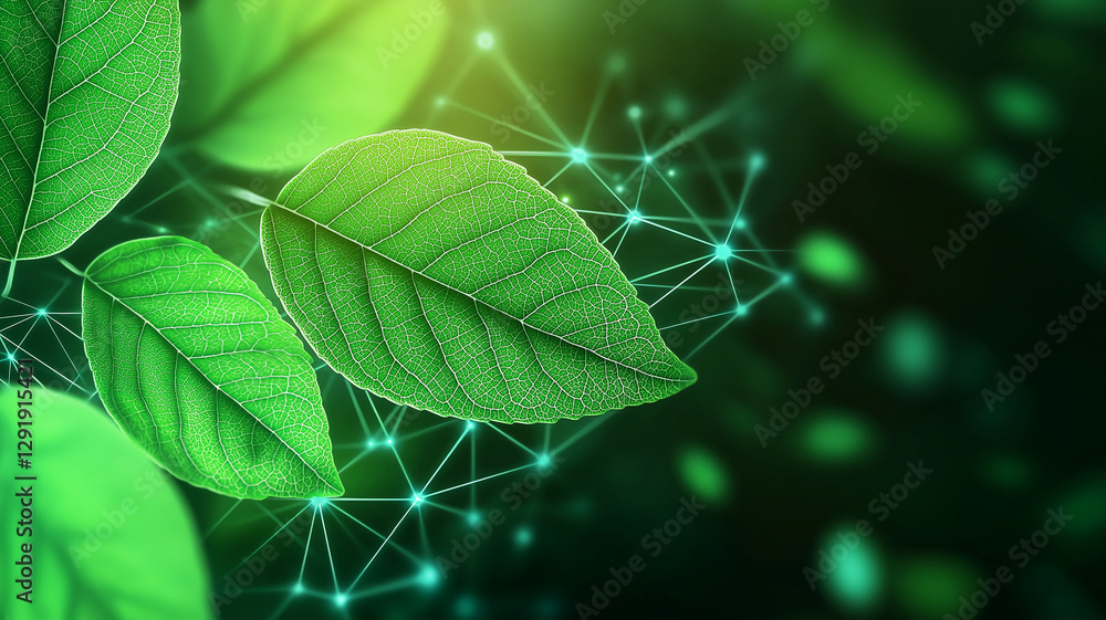 Poster vibrant green leaves with intricate textures against blurred background of geometric patterns and so