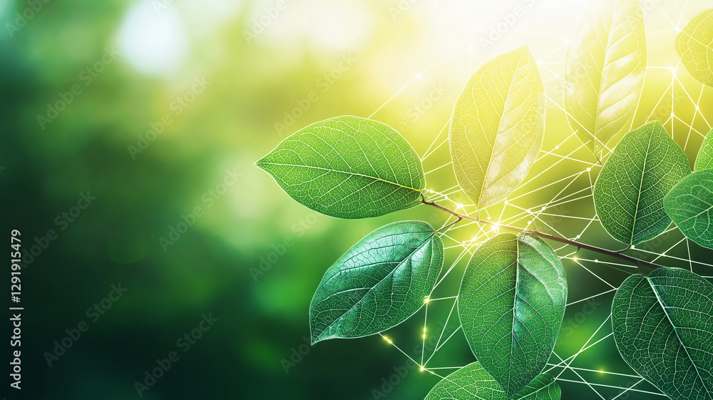 Poster lush green leaves with glowing background and geometric patterns create serene and vibrant atmospher
