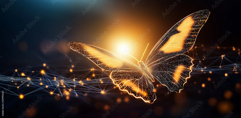 Poster glowing butterfly with luminous particles and abstract background, symbolizing transformation and be