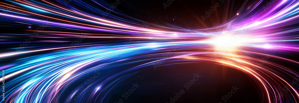 Poster vibrant abstract background with dynamic light trails in purple and blue hues, creating sense of mot
