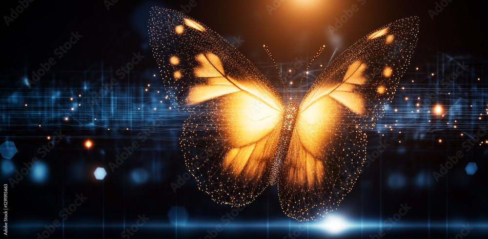 Aufkleber glowing butterfly with intricate patterns and luminous particles, set against dark background filled