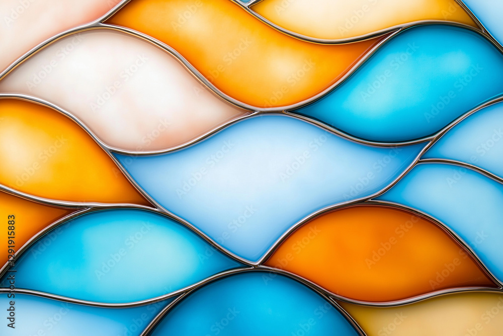 Poster colorful glass background with wavy patterns in orange, blue, and white. vibrant hues create dynamic