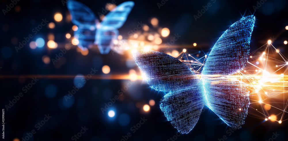 Poster digital butterfly with glowing particles, creating mesmerizing effect in dark background. vibrant co