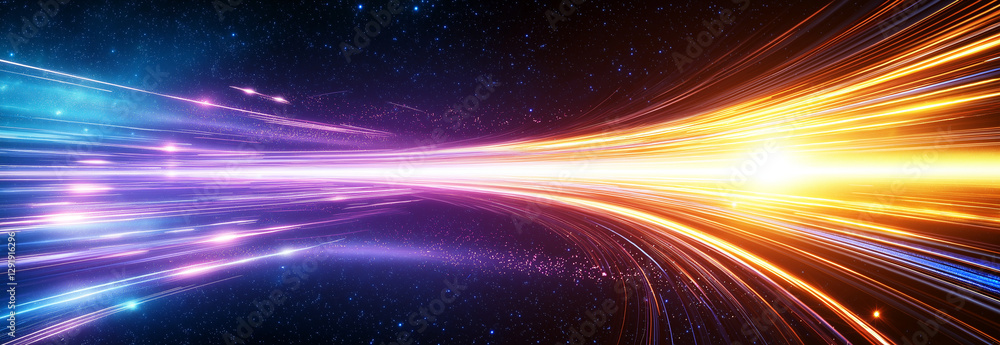 Poster vibrant abstract light speed lines in purple and blue, creating dynamic cosmic effect. bright orange