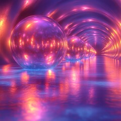 Neon tunnel with glowing spheres, abstract, reflective interior