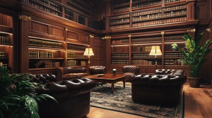 Luxurious library interior with leather armchairs, bookshelves, and a grand setting