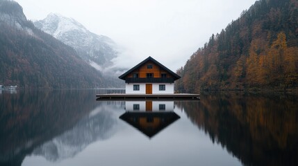 Fototapeta premium Lakeside Cabin Reflection, Misty Mountains, Autumn Colors, Peaceful Scene, Stock Photo
