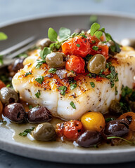 Close-up of a slice of cod with cherry tomatoes, capers and black and green olives.