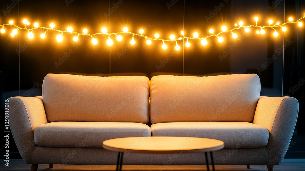 Poster cozy beige sofa with round coffee table is illuminated by warm string lights, creating welcoming atm
