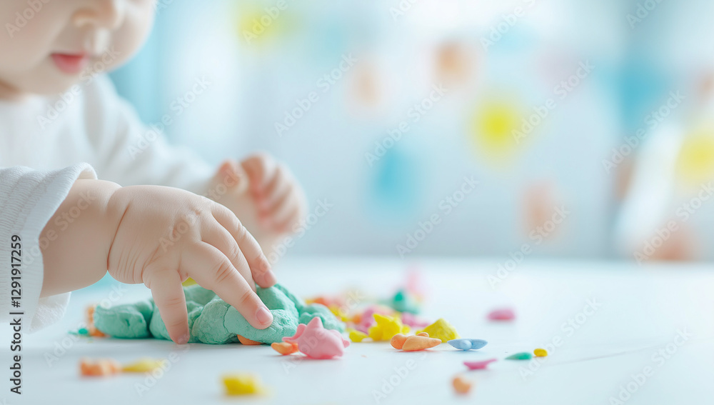 Poster close up of child hands playing with colorful modeling clay, creating shapes and enjoying playful at