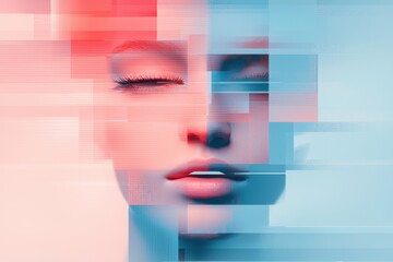 Abstract pixelated faces dissolving into digital noise, fragmented by neon glitches and surreal data interference