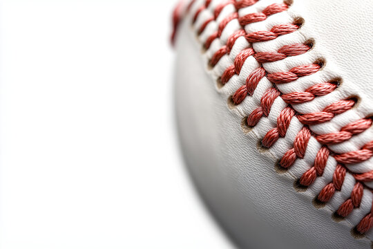 Close up of baseball stitching on white background, showcasing intricate details and craftsmanship of ball. vibrant red threads contrast beautifully with white leather, creating striking visual
