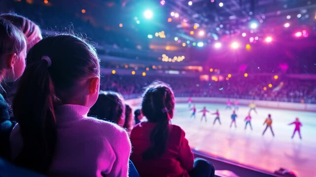 Children watching a dazzling ice skating performance in a packed arena, mesmerized by the colorful lights and synchronized skaters on the rink. Video made using Generative AI.