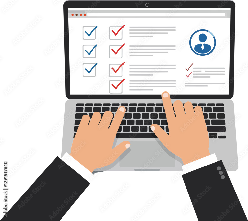 Poster hands typing on a laptop while reviewing checklists on a screen in a flat vector illustration depict