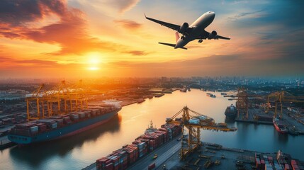 Cargo plane over the port - international logistics